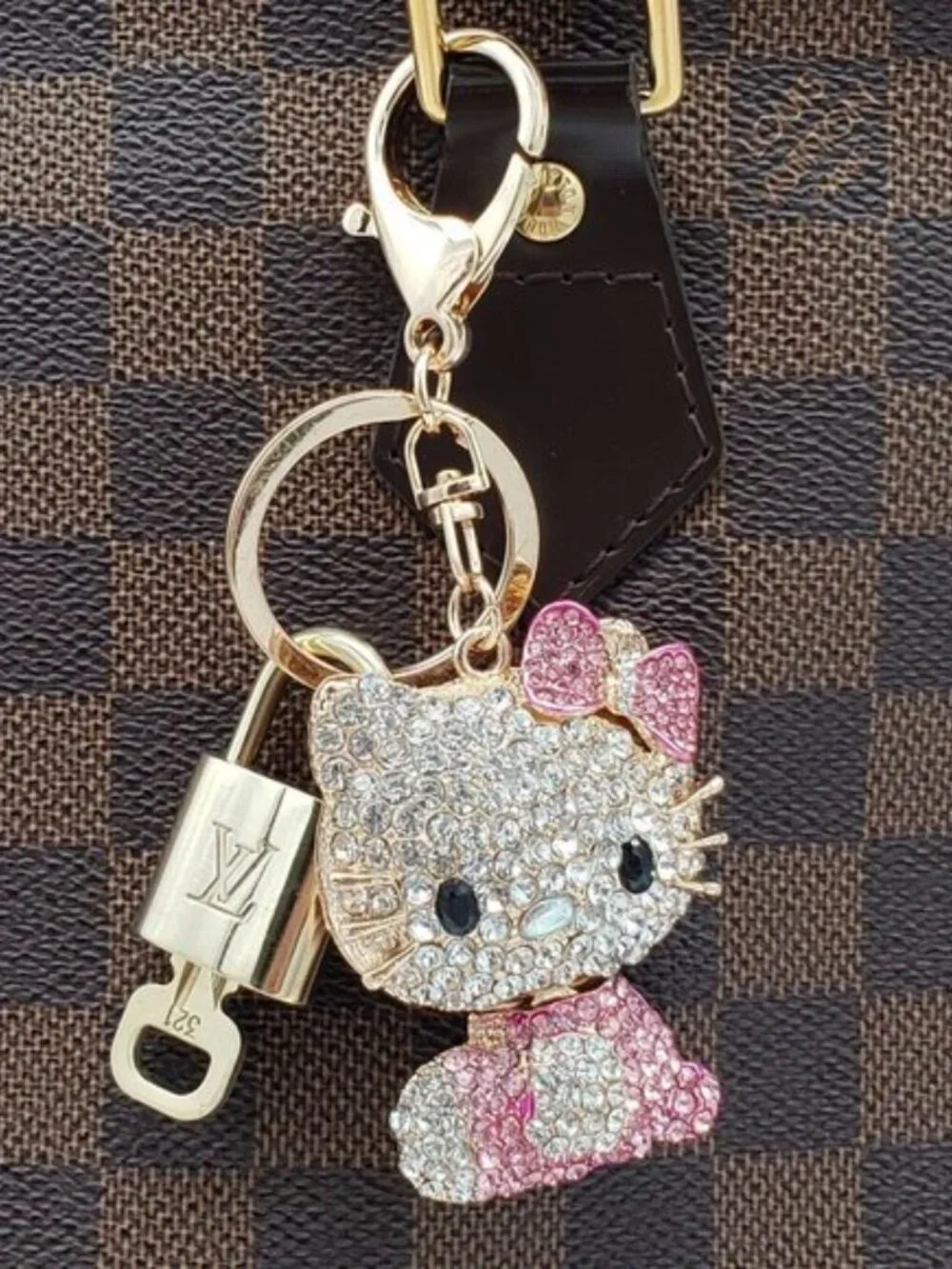 LV Authentic Gold Lock & Key 🔑Luxury Bag Charm w/Unbranded Hello Kitty Keychain